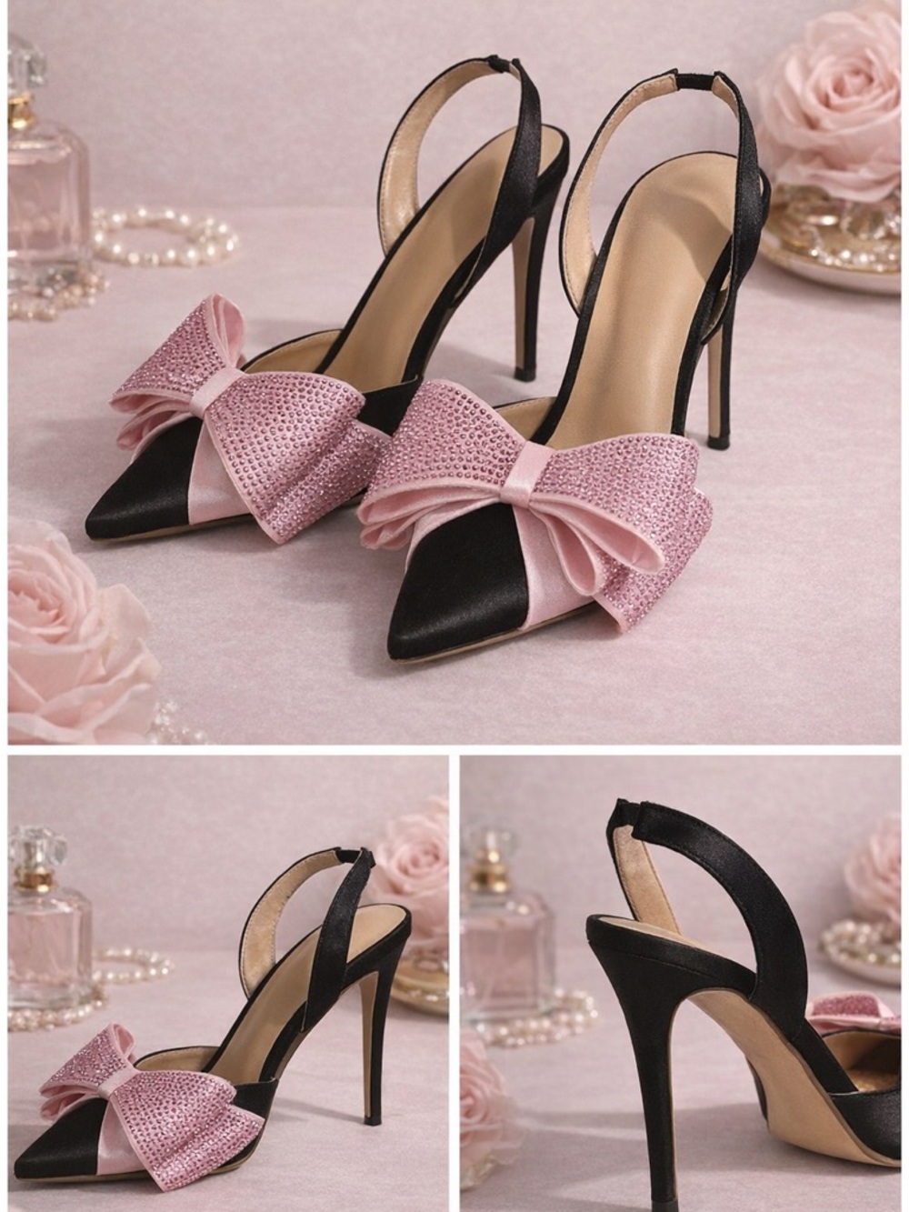 Black & Pink Bow Pointed-Toe Slingback Heels
